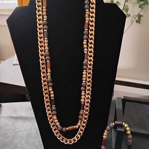 Gold and Brown Chain Necklace and Bracelet Set